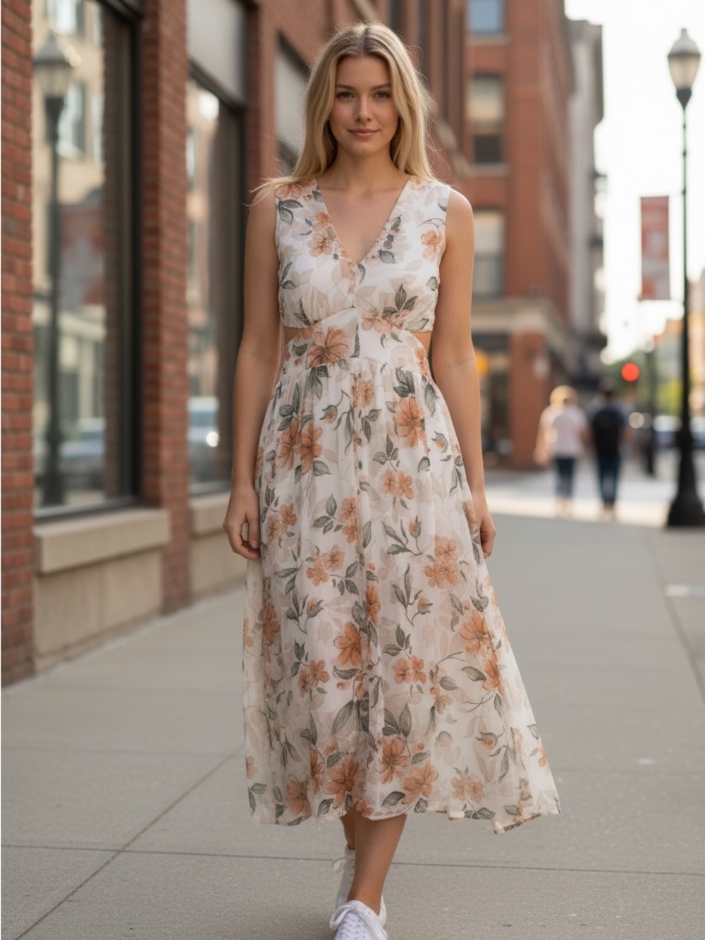 JJs House Cream Midi Dress with Peach Floral and Tie front